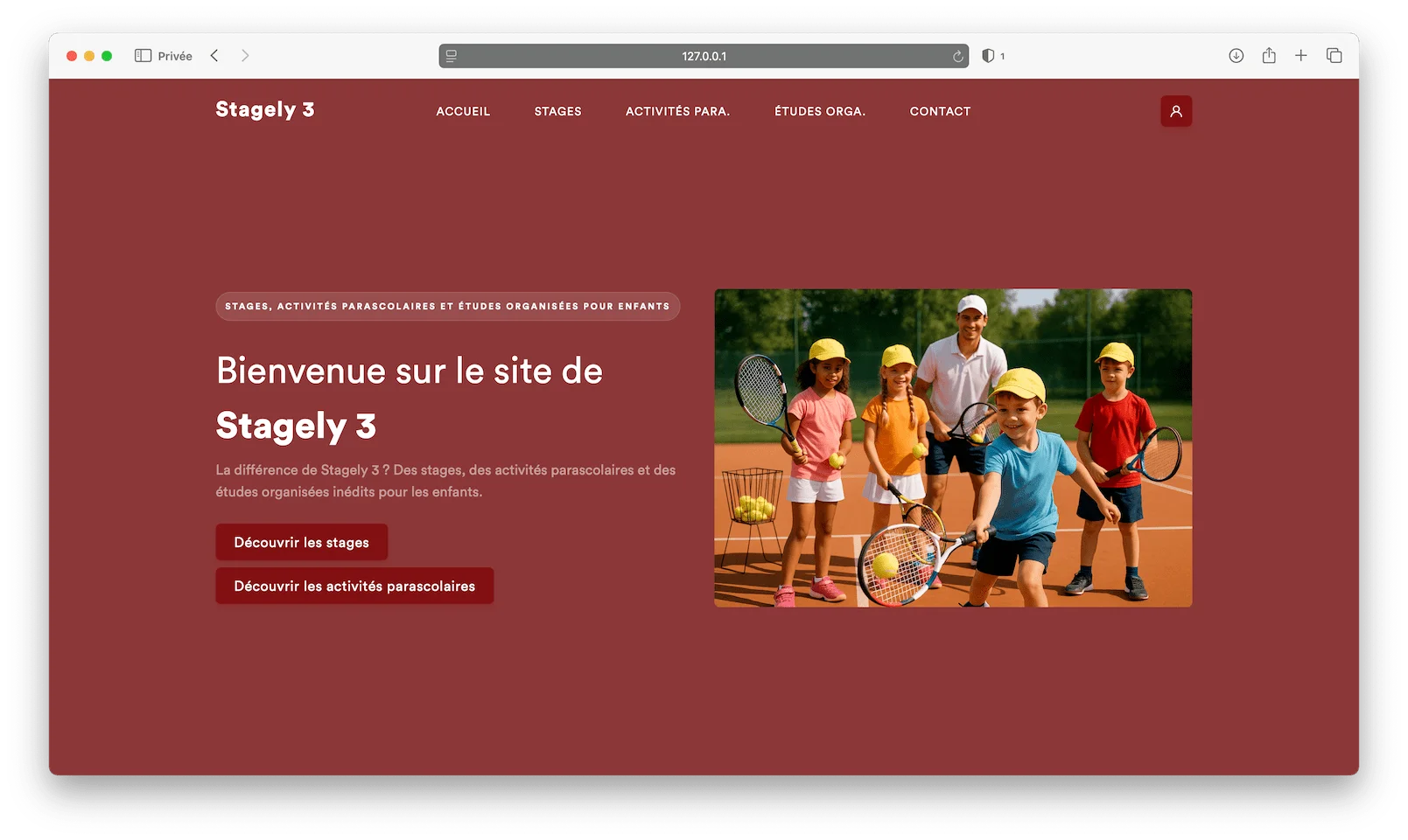Exemple de site Stagely personnalisé : stage de tennis