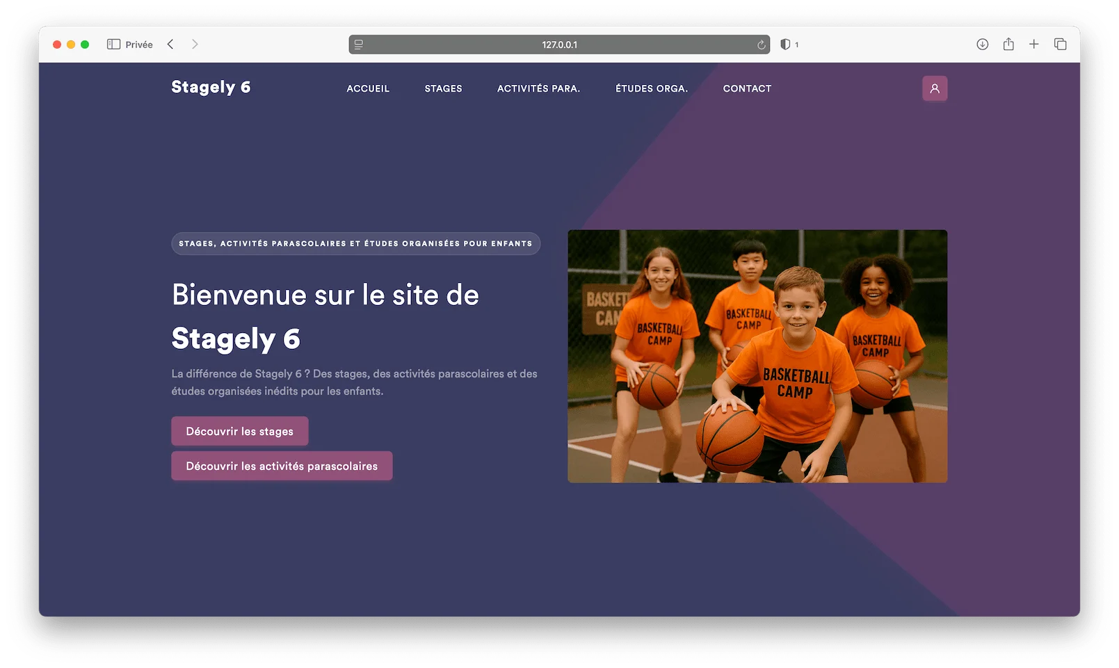Exemple de site Stagely personnalisé : stage de basket