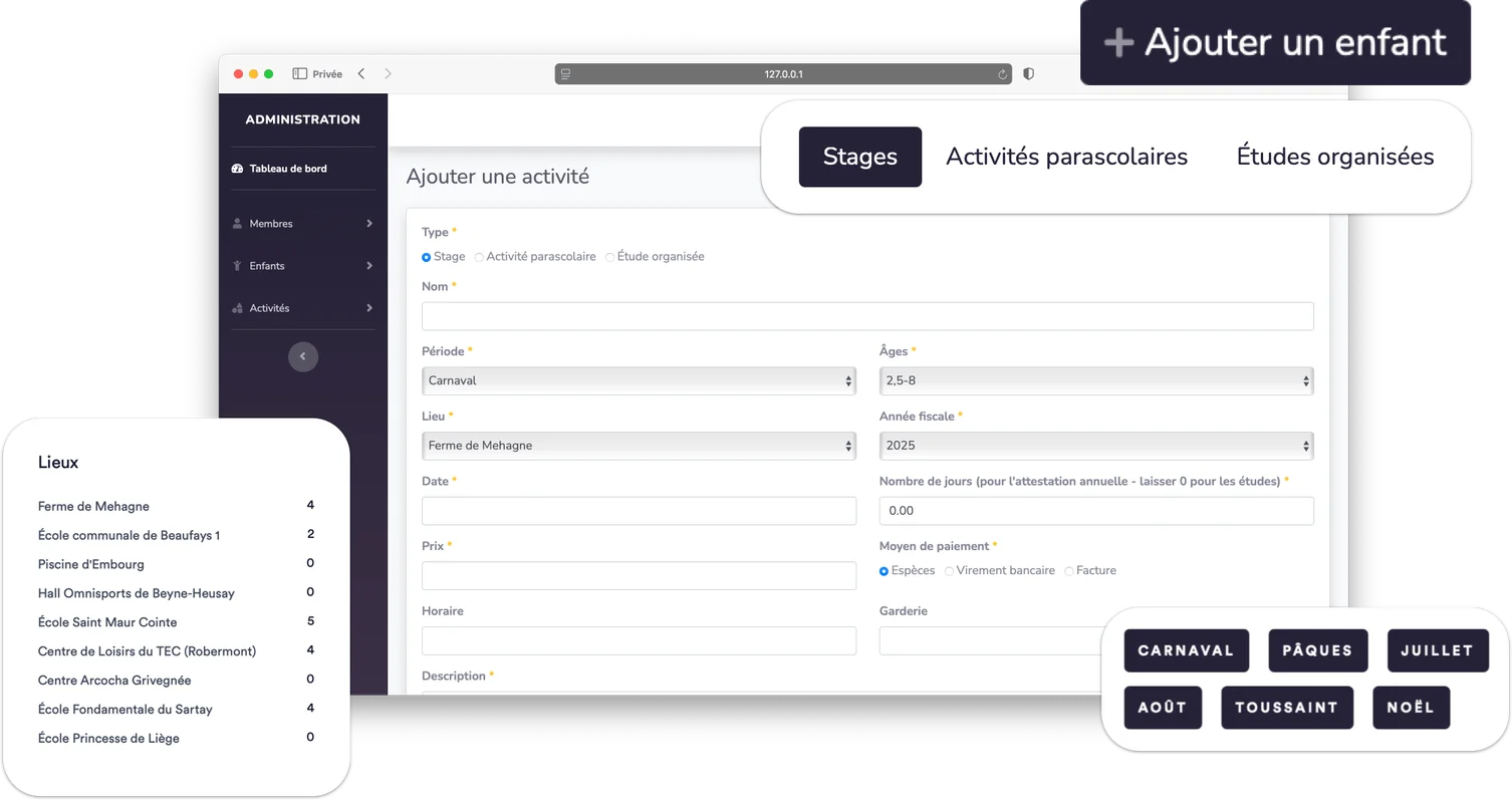 Configuration des activités, lieux et périodes dans l'espace administrateur