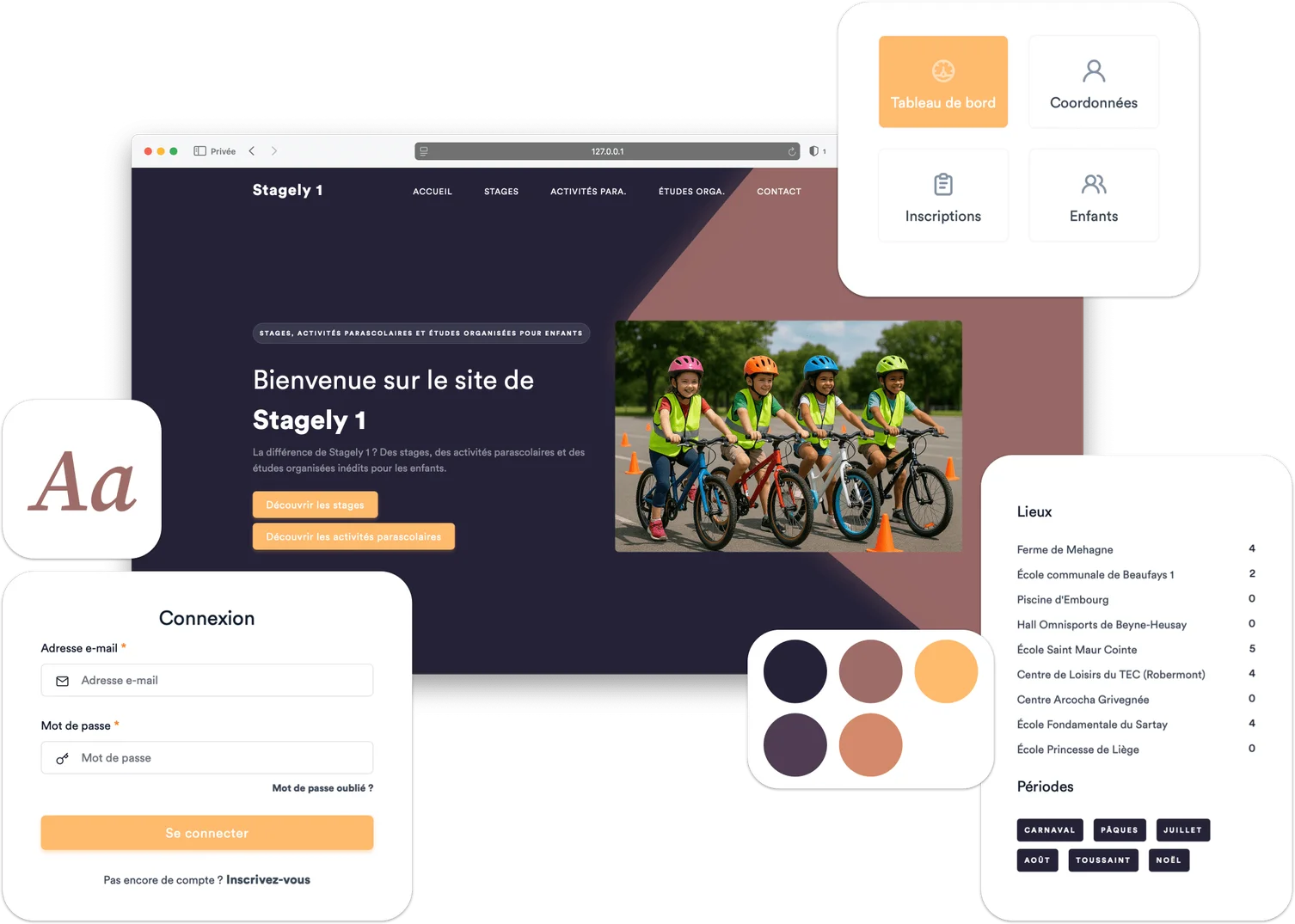 Éléments personnalisables d'un site Stagely : logo, couleurs, typographie et contenus
